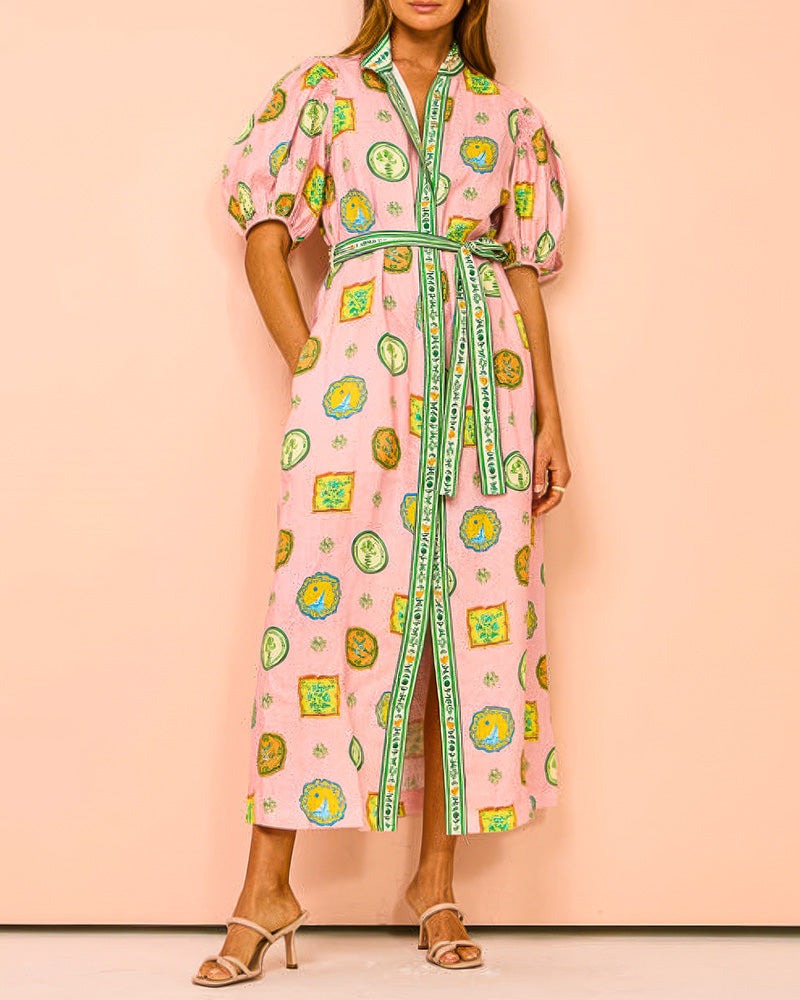 Thea™ - Balloon Sleeves Printed Belt Pocket Midi Dress