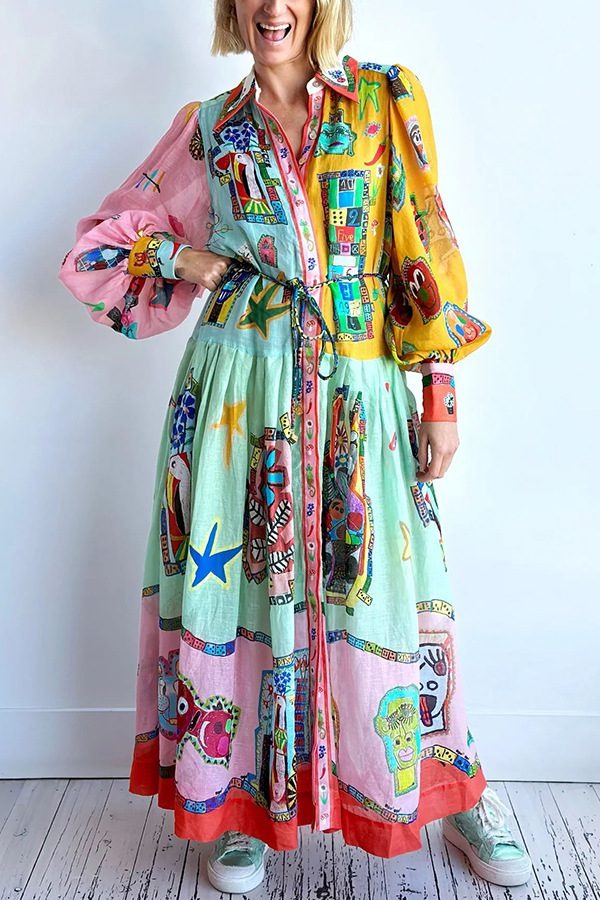 Lilly™ - Unique Print Colorblock Balloon Sleeve Belt Shirt Midi Dress