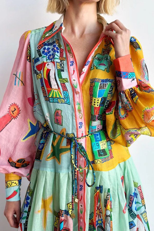 Lilly™ - Unique Print Colorblock Balloon Sleeve Belt Shirt Midi Dress