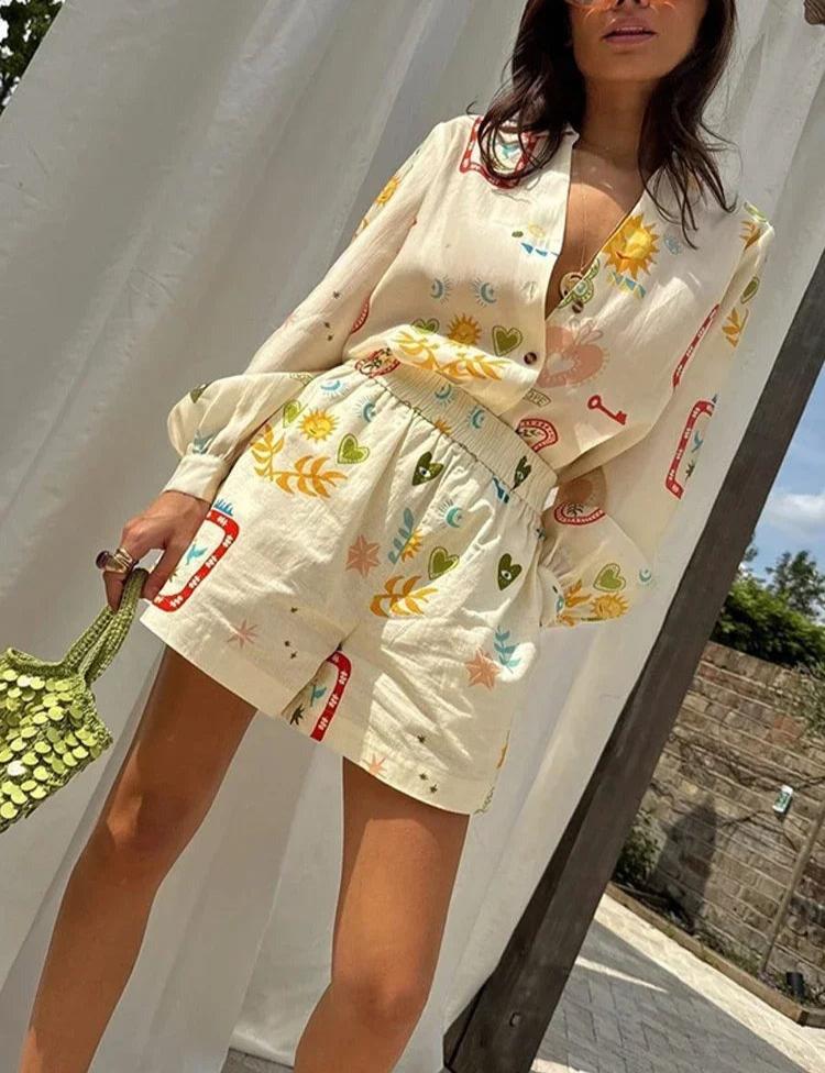 Matilda™ - Vacation Printed Long Sleeve Shirt & Elastic Waist Shorts Set