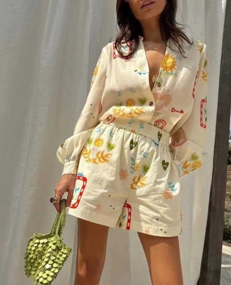 Matilda™ - Vacation Printed Long Sleeve Shirt & Elastic Waist Shorts Set