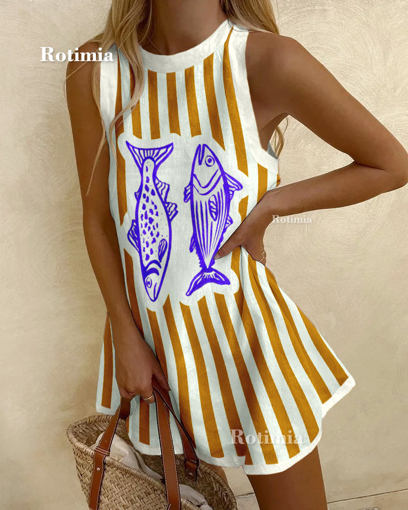 Vintage Striped Fish Print Sleeveless Dress