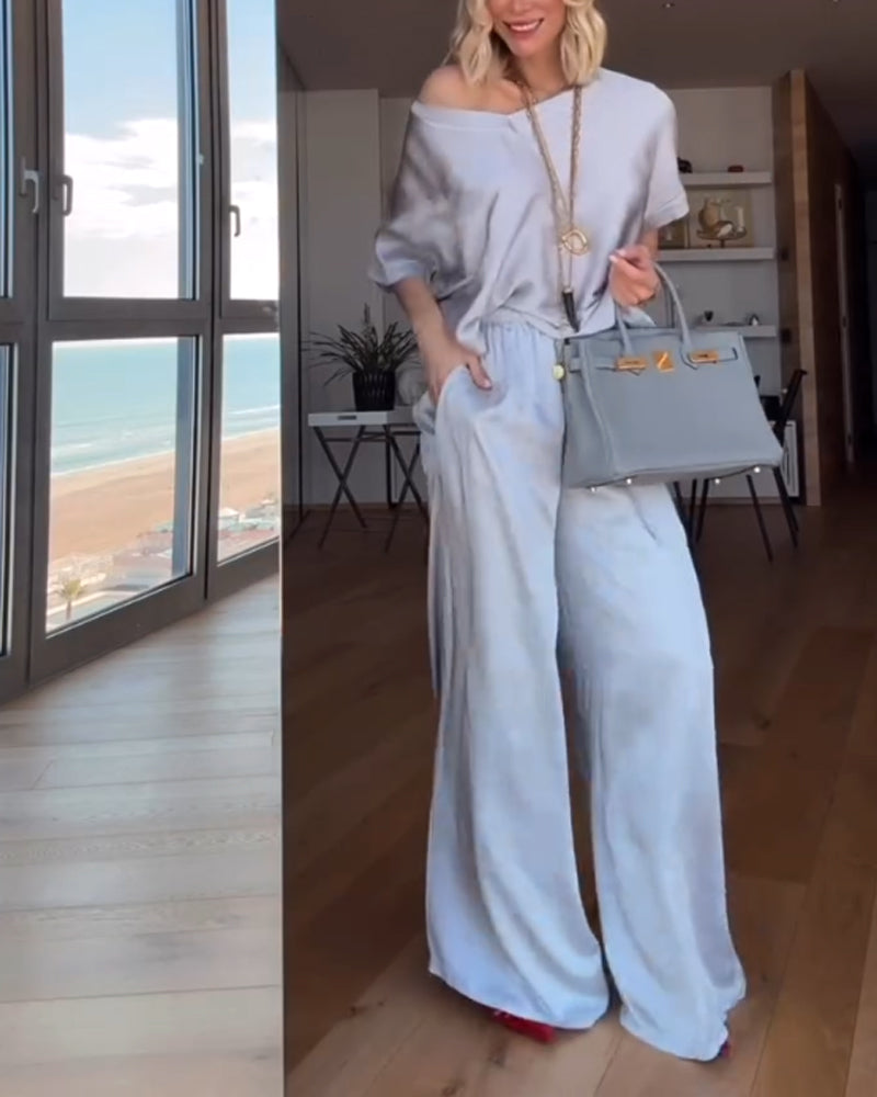 Solid V-Neck Top & Pants Two-Piece Set