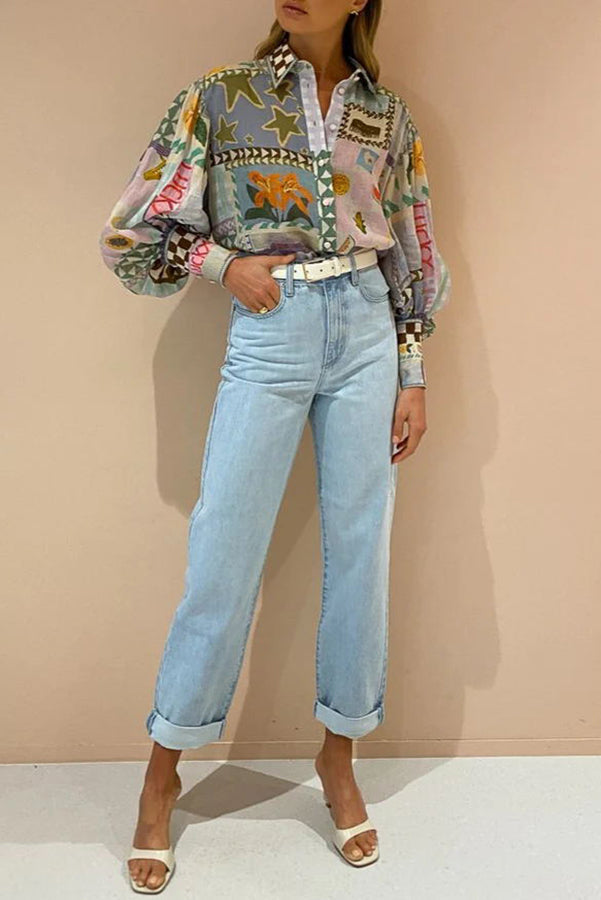 Ariana™ - Nostalgic Print Balloon Sleeve Shirt