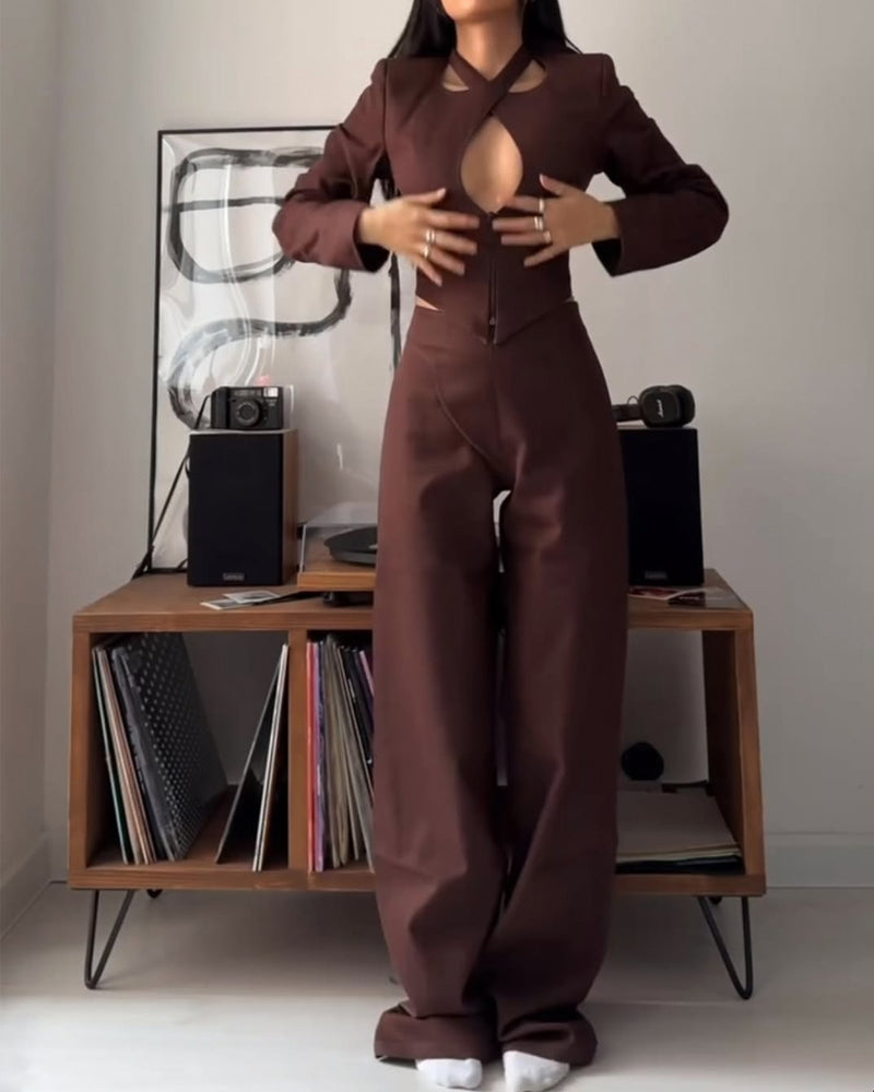 Fashion Design Hollow Top & Pants Two-piece Set