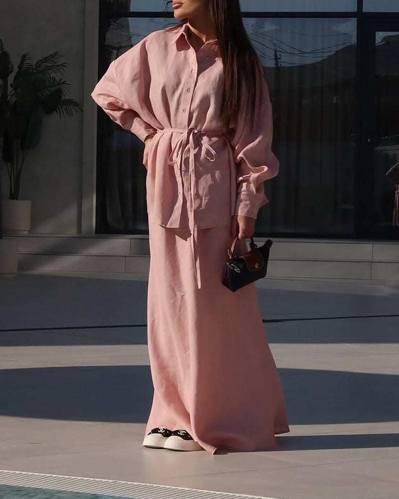 Casual Solid Shirt & Skirt Two-Piece Set