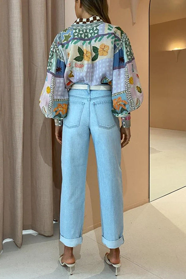 Ariana™ - Nostalgic Print Balloon Sleeve Shirt
