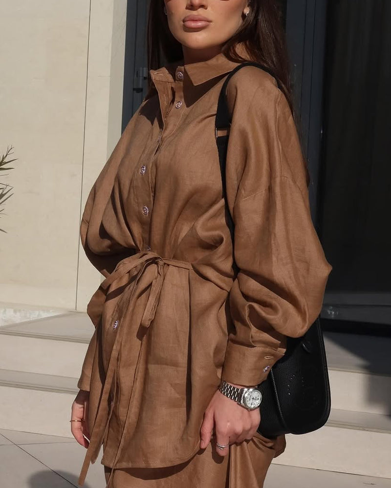 Casual Solid Shirt & Skirt Two-Piece Set