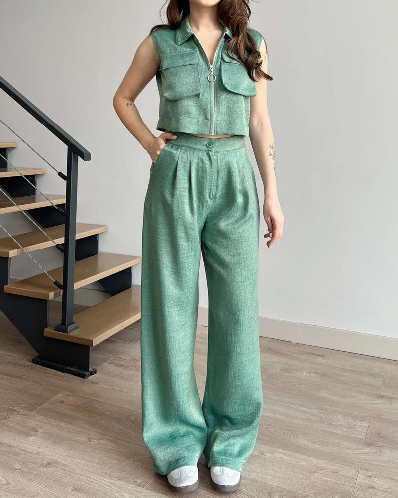 Detail Pocket Zip Vest & Pants Two-Piece Set