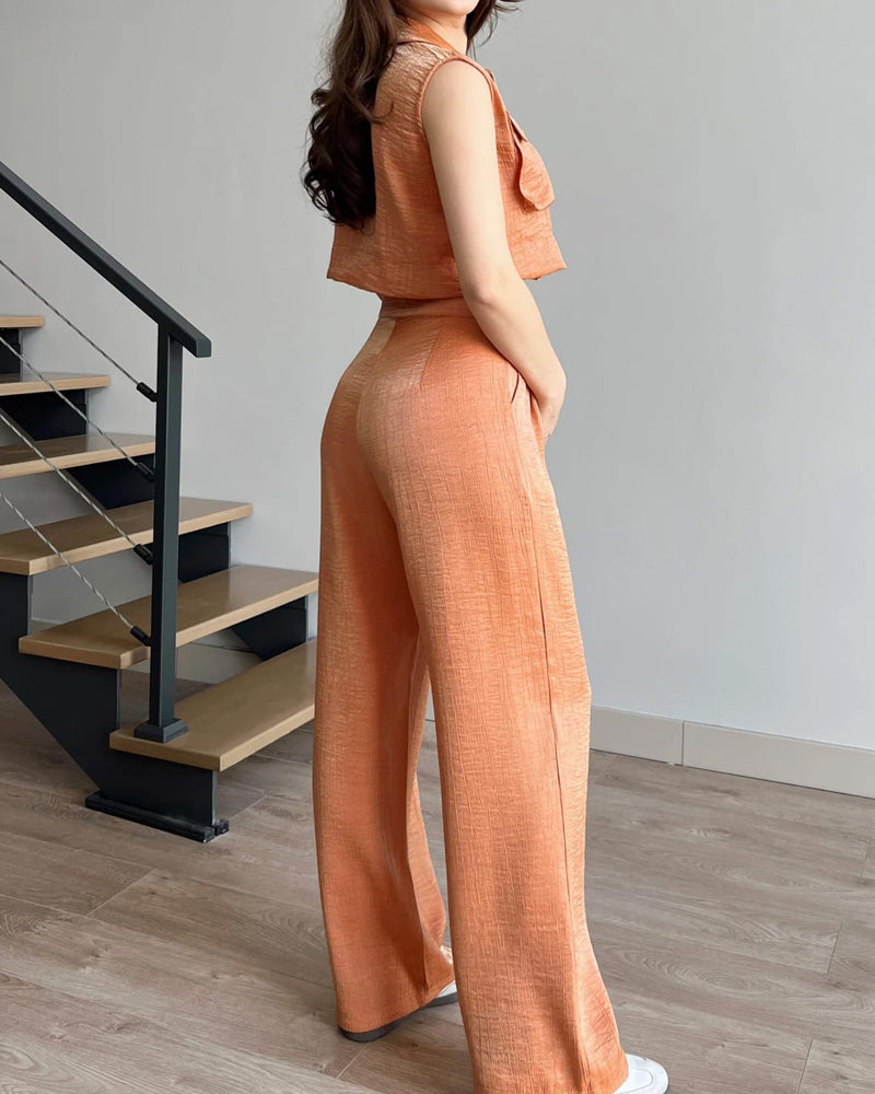 Detail Pocket Zip Vest & Pants Two-Piece Set