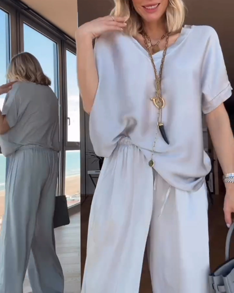 Solid V-Neck Top & Pants Two-Piece Set