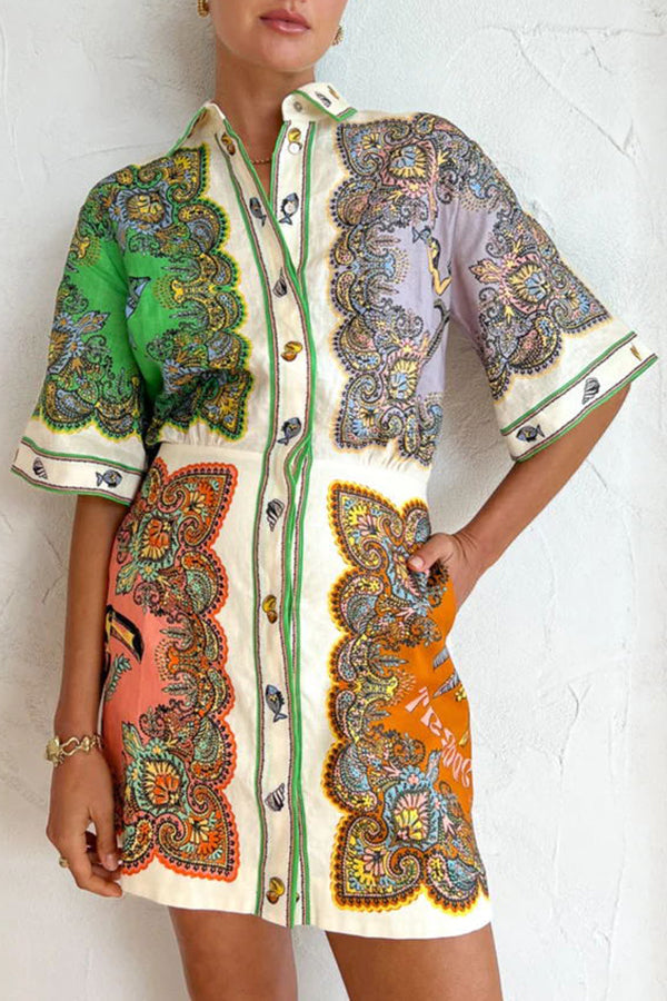 Azalia™ - Exotic Print Button Down Pocketed Shirt Mini Dress