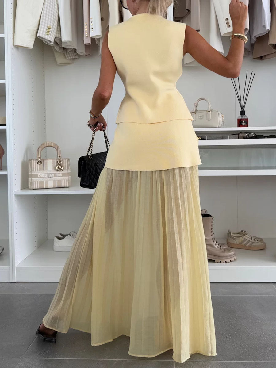 Chic knitted patchwork sleeveless two-piece set