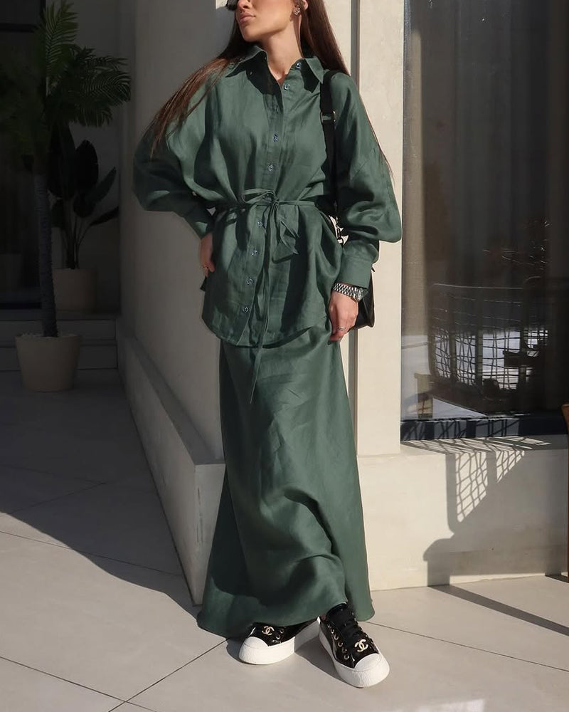 Casual Solid Shirt & Skirt Two-Piece Set