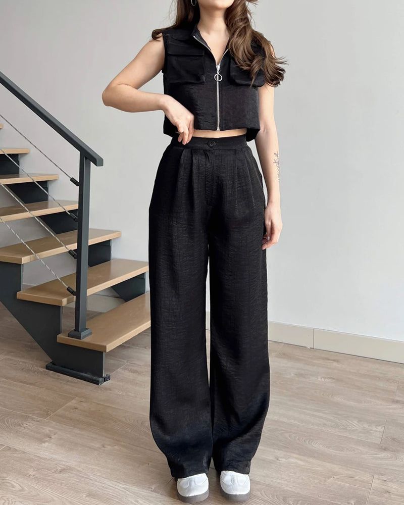 Detail Pocket Zip Vest & Pants Two-Piece Set