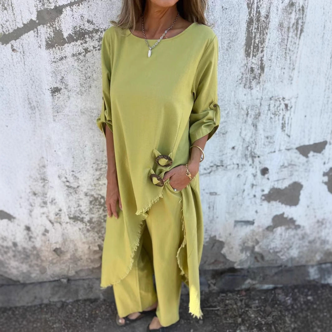 Casual Loose Solid Color Robe Pants Suit