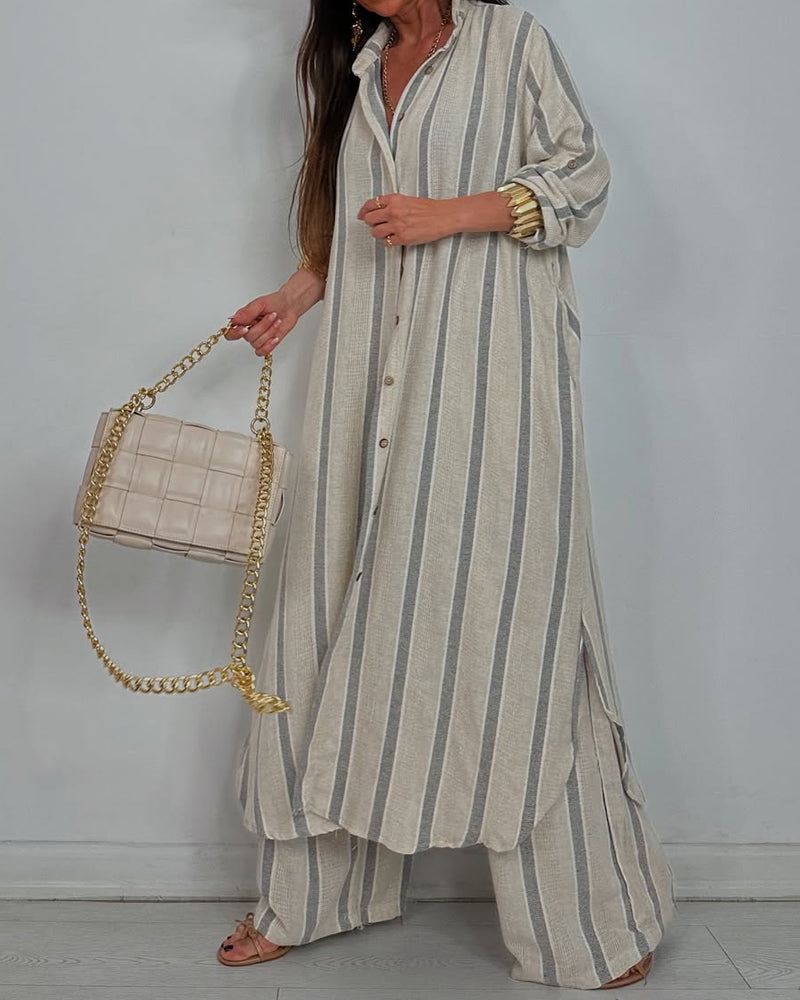 Casual Linen Striped Shirt & Pants Two-piece Set