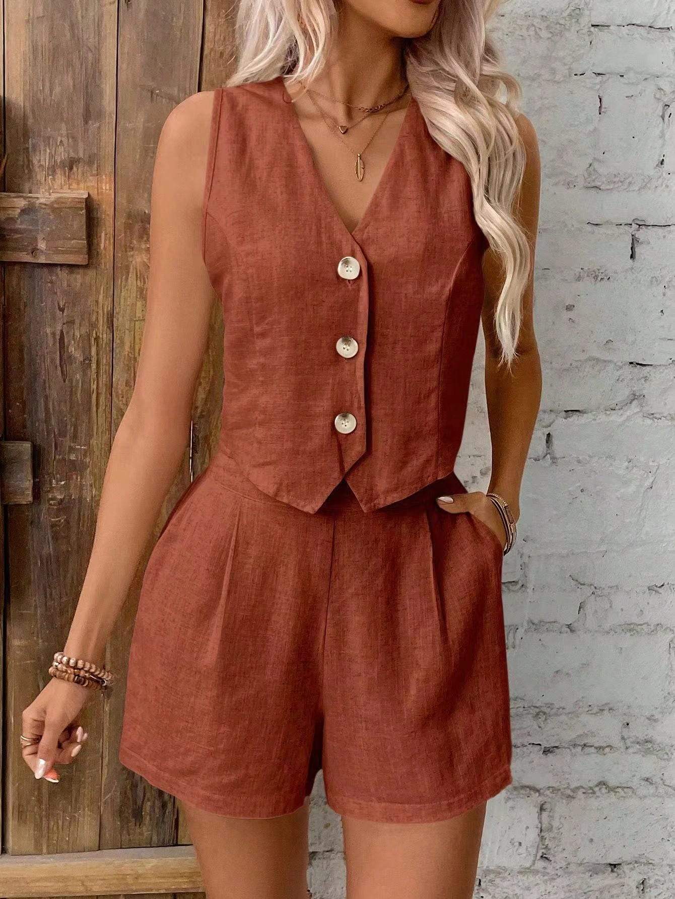 Front Buckle V-neck Vest Vest Shorts Suit