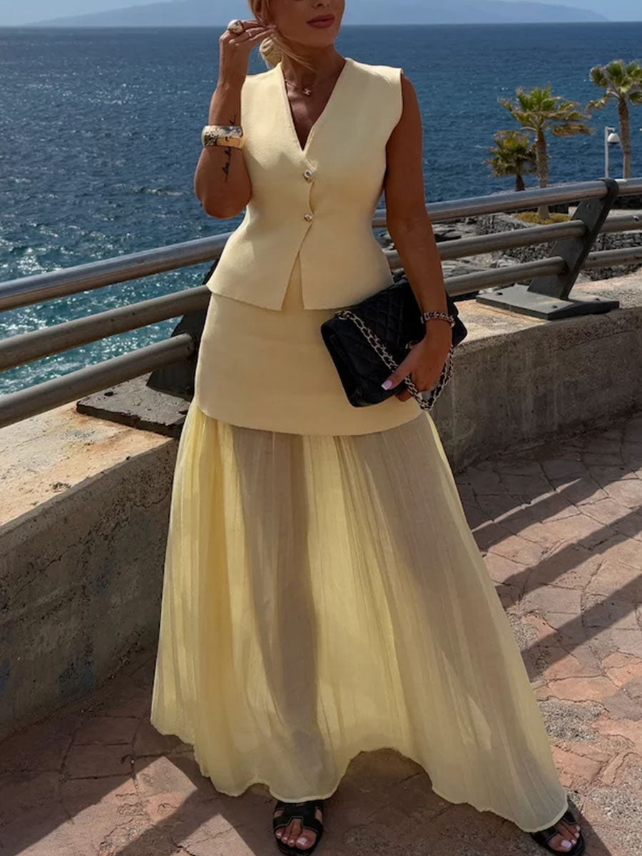 Chic knitted patchwork sleeveless two-piece set