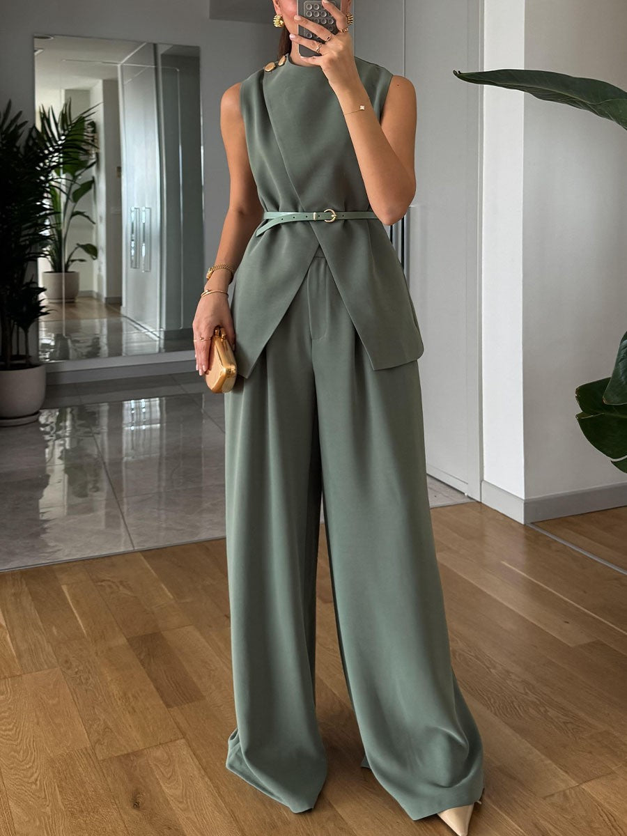 Metal buckle commuter sleeveless two-piece set