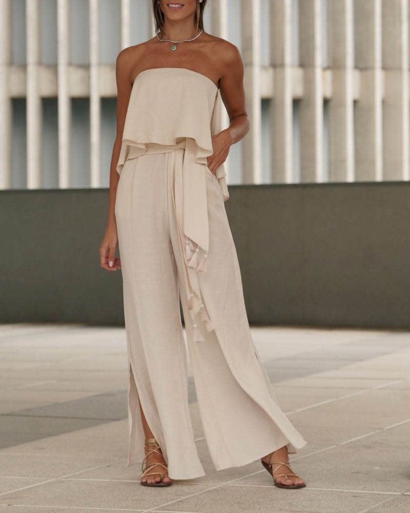 Casual Strapless Top & Tassel Belt Wide Leg Pants Two-Piece Set