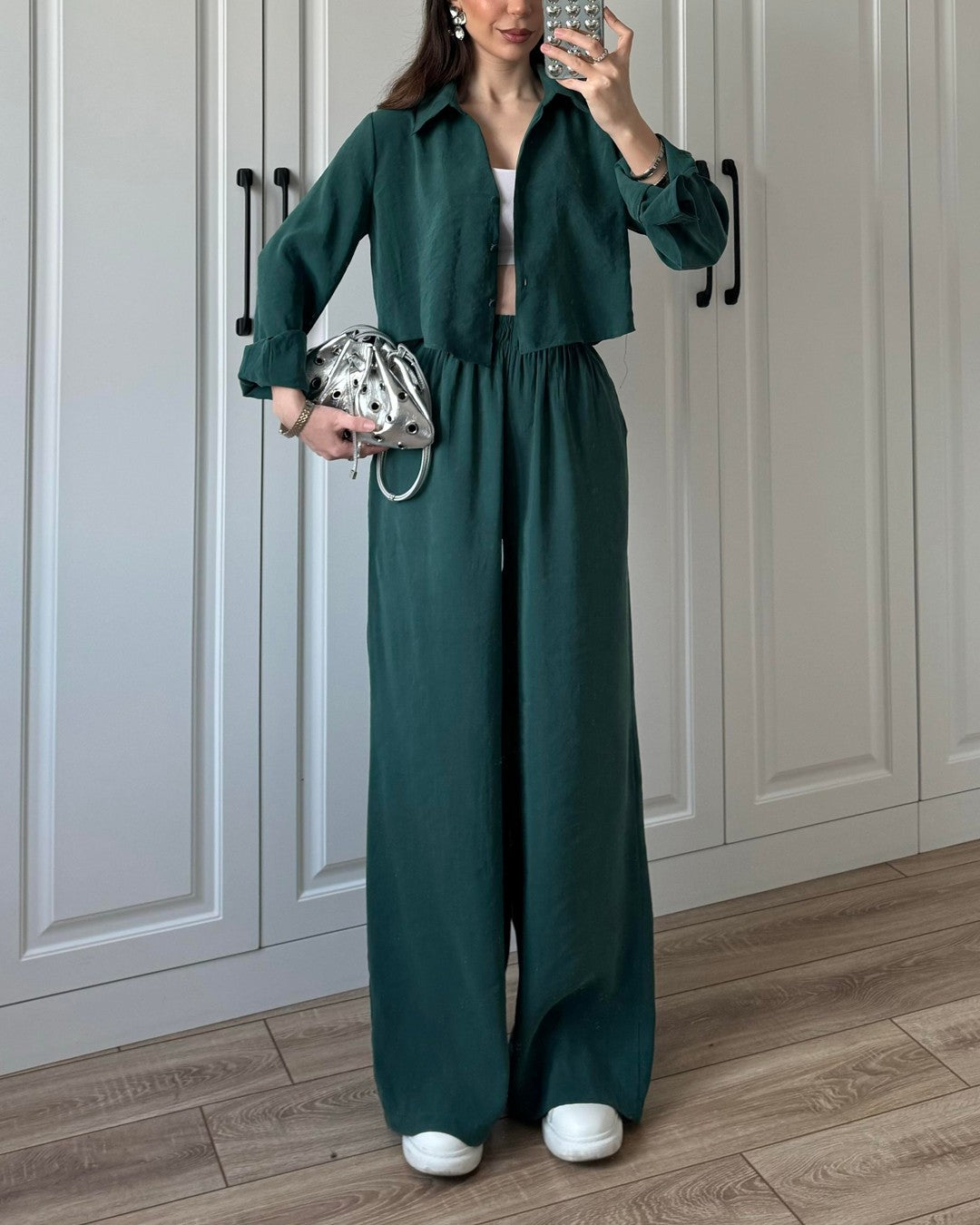 Casual Solid Color Shirt & Pants Two-piece Set