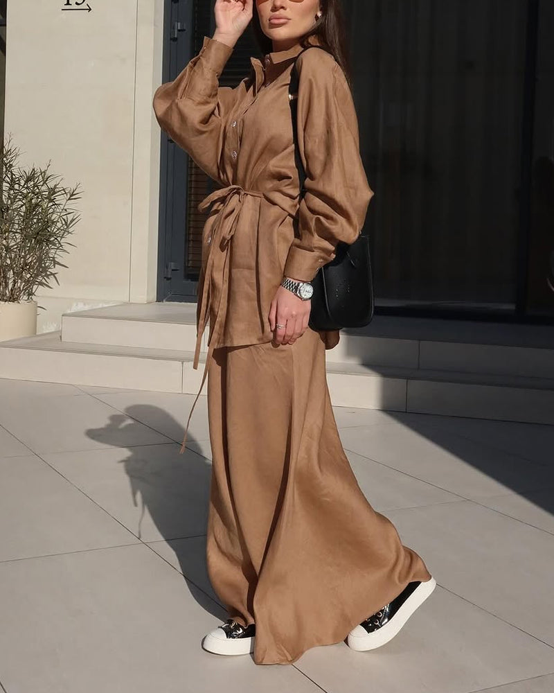 Casual Solid Shirt & Skirt Two-Piece Set