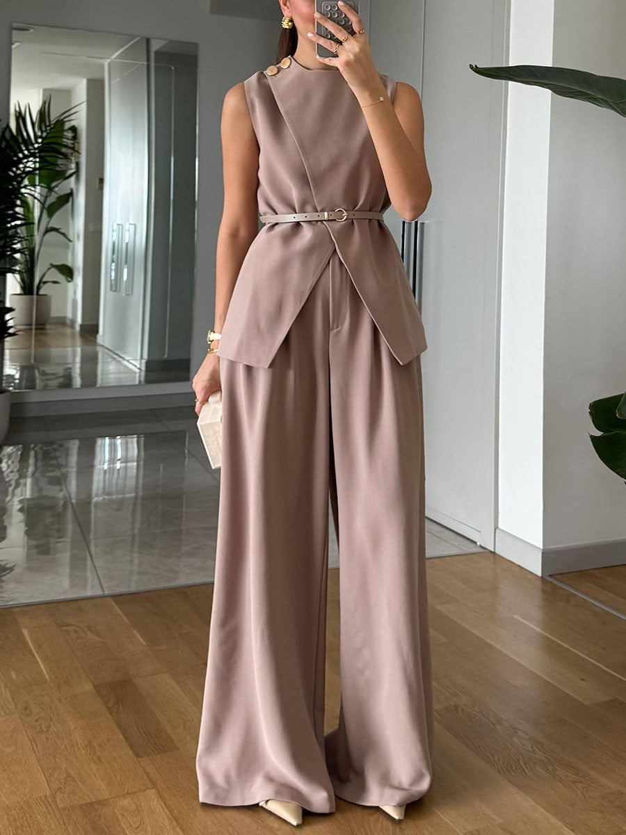 Metal buckle commuter sleeveless two-piece set