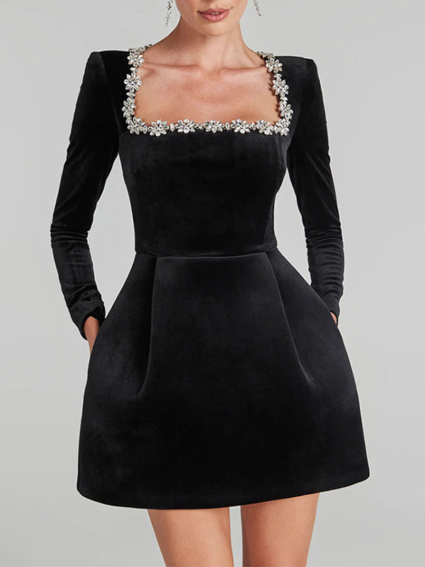 Stylish Elegant Square Collar Solid Color Dress