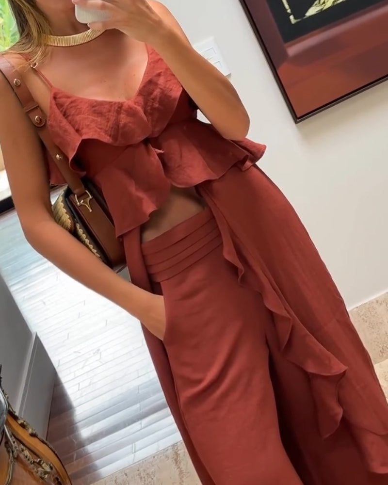 Design-Sense Irregular Ruffled Top & Pants Two-Piece Set