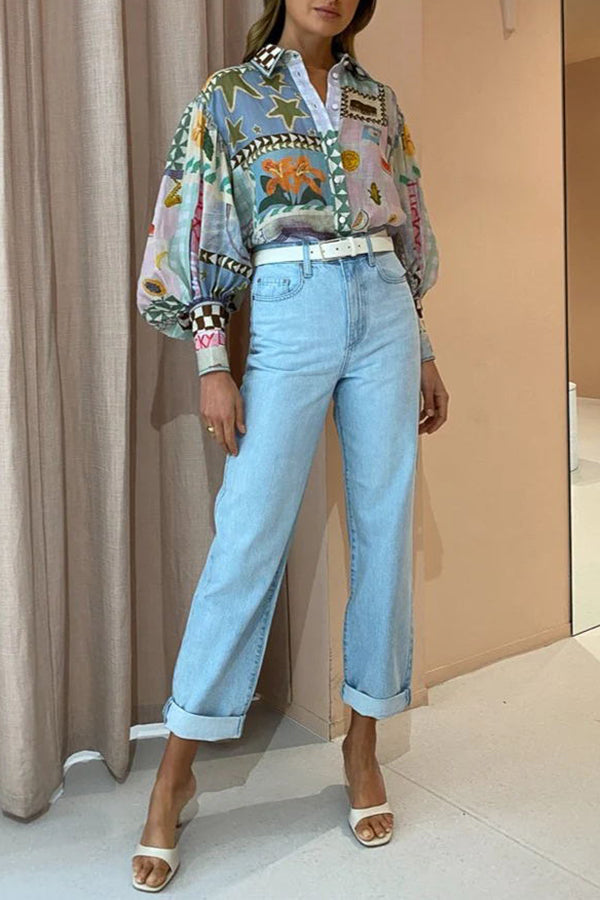 Ariana™ - Nostalgic Print Balloon Sleeve Shirt