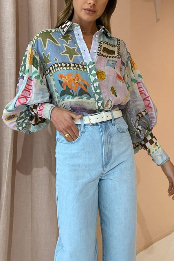 Ariana™ - Nostalgic Print Balloon Sleeve Shirt