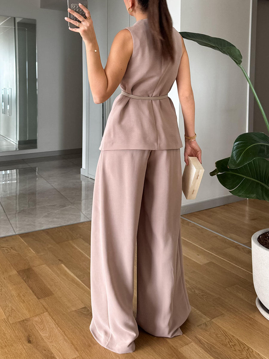 Metal buckle commuter sleeveless two-piece set