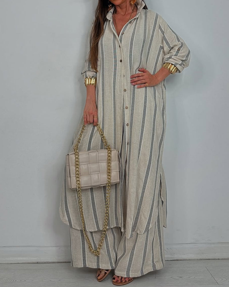 Casual Linen Striped Shirt & Pants Two-piece Set