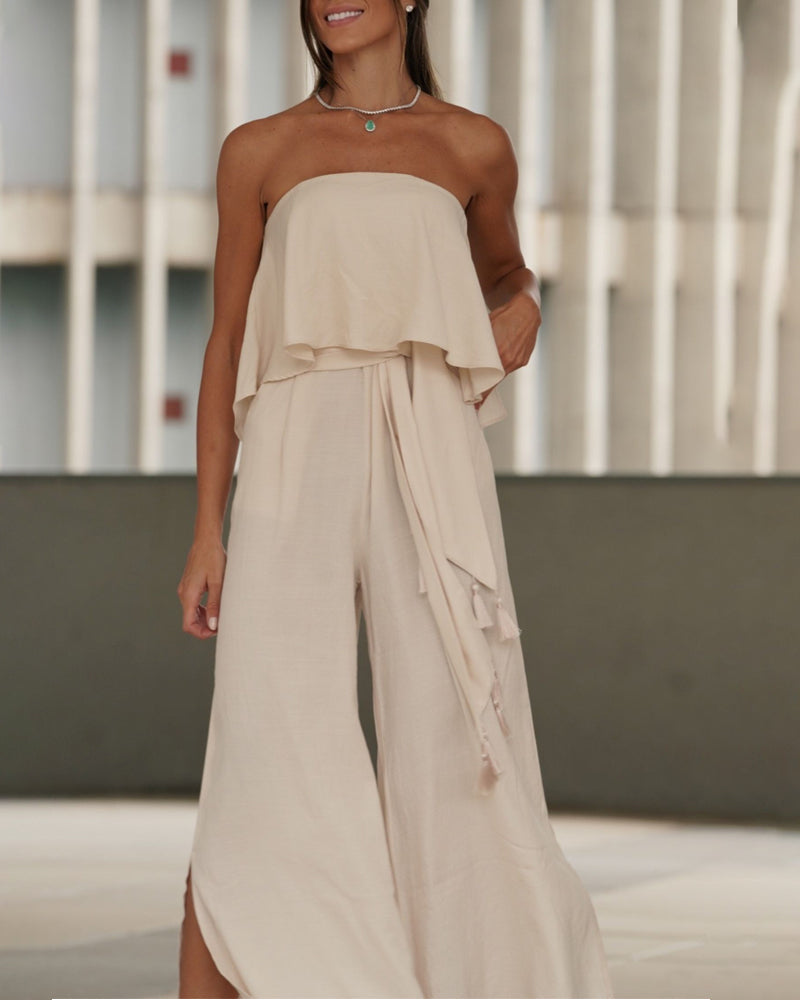 Casual Strapless Top & Tassel Belt Wide Leg Pants Two-Piece Set