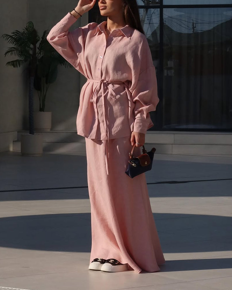 Casual Solid Shirt & Skirt Two-Piece Set