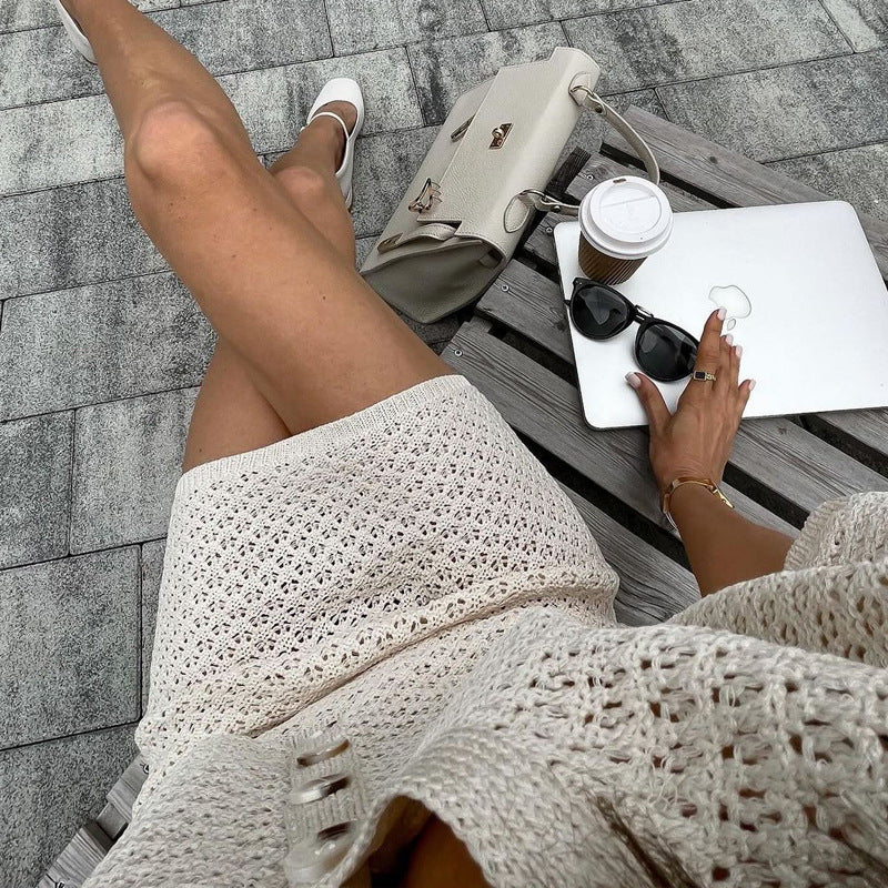 Hollow-out Mesh Knitted Short-sleeved Skirt Suit