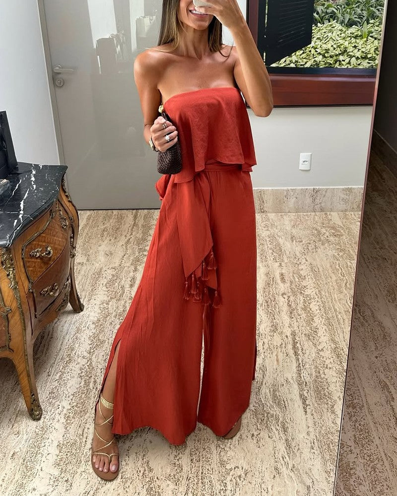 Casual Strapless Top & Tassel Belt Wide Leg Pants Two-Piece Set