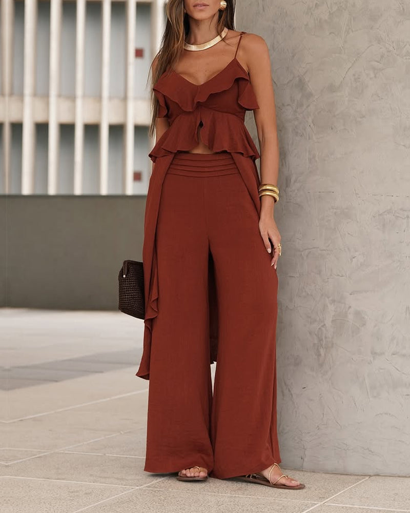 Design-Sense Irregular Ruffled Top & Pants Two-Piece Set