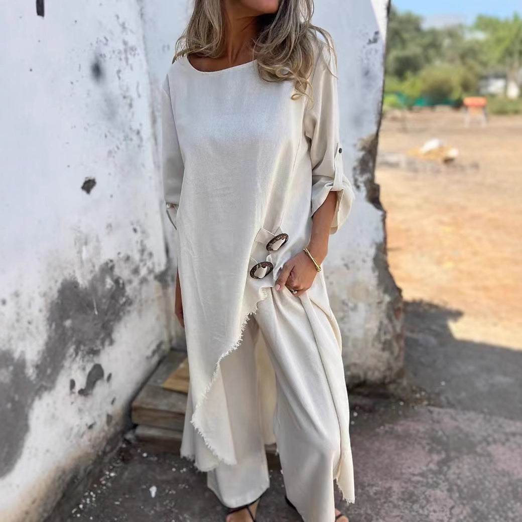 Casual Loose Solid Color Robe Pants Suit