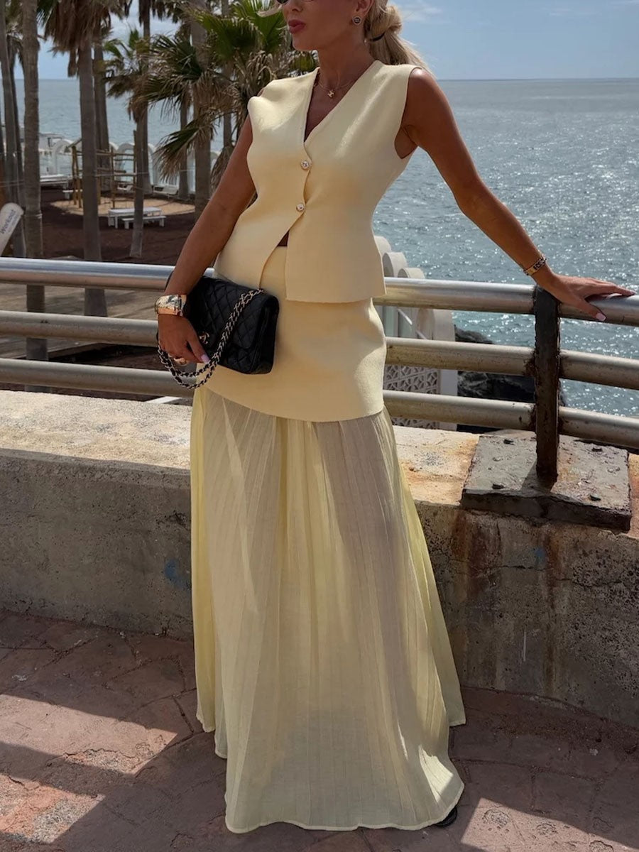 Chic knitted patchwork sleeveless two-piece set