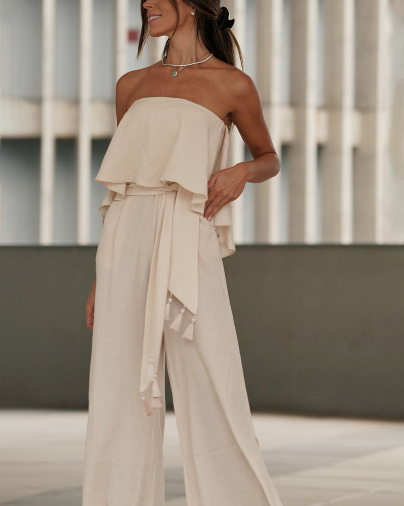 Casual Strapless Top & Tassel Belt Wide Leg Pants Two-Piece Set