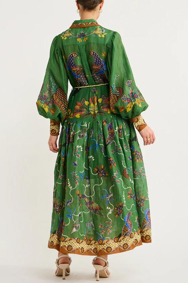 Erin™ - Heaven Bird Print Balloon Sleeve Dress