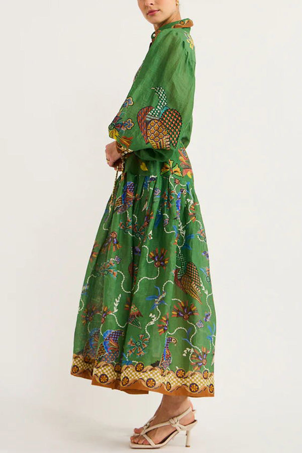 Erin™ - Heaven Bird Print Balloon Sleeve Dress