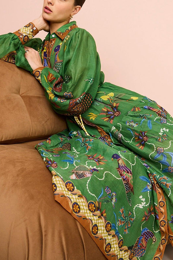 Erin™ - Heaven Bird Print Balloon Sleeve Dress