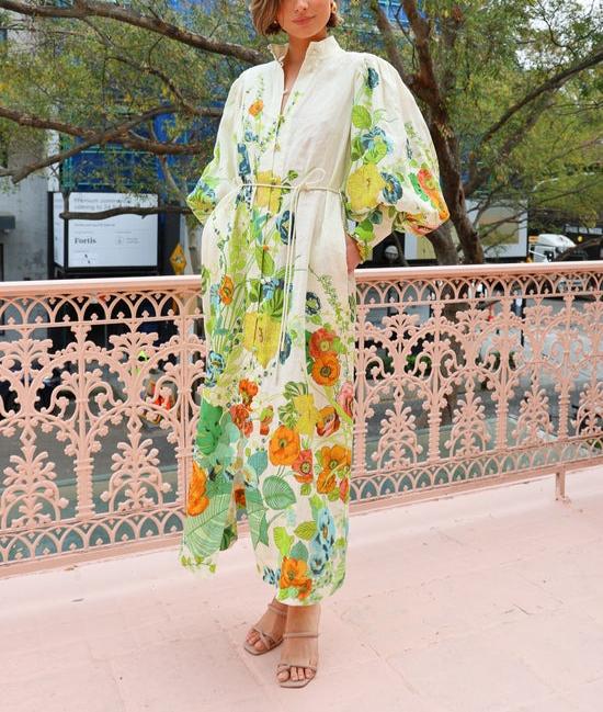 Aurora™ - Floral Print Balloon Sleeve Pocketed Belt Shirt Midi Dress