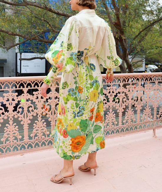 Aurora™ - Floral Print Balloon Sleeve Pocketed Belt Shirt Midi Dress