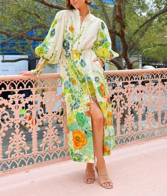 Aurora™ - Floral Print Balloon Sleeve Pocketed Belt Shirt Midi Dress