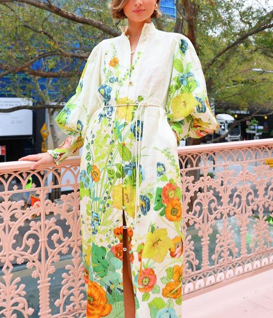 Aurora™ - Floral Print Balloon Sleeve Pocketed Belt Shirt Midi Dress