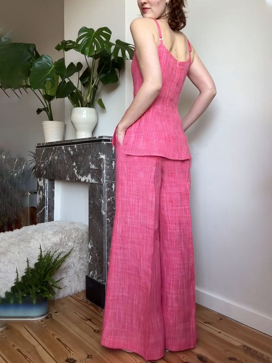 Summer pink suspender cotton and linen two-piece set